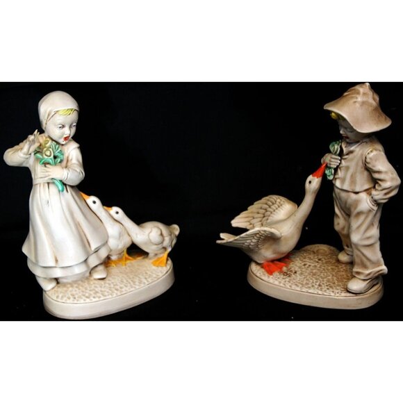 VTG 1960s Holland Mold Dutch Girl & Boy Geese Duck Figurines Ceramic Light Color - Picture 1 of 9